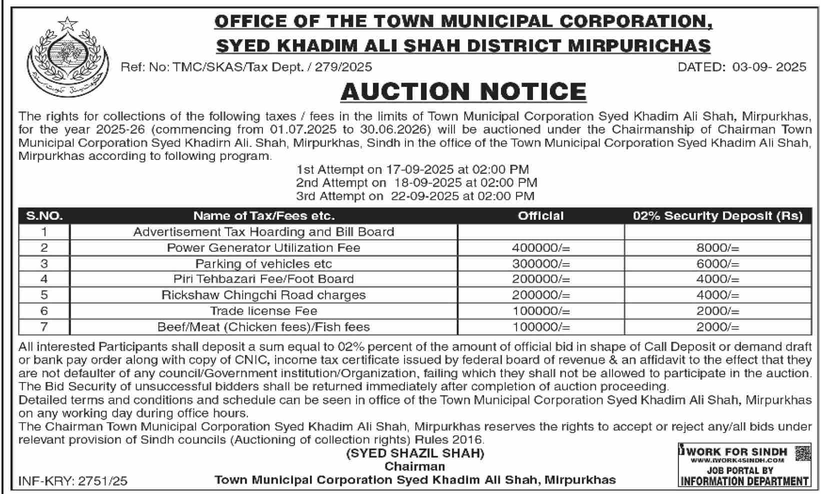 Town Municipal Corporation Mirpurkhas Tender Notice